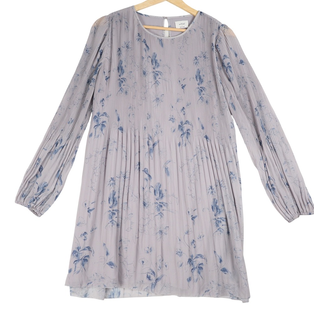 Wilfred Aritzia Lavender Blue Floral Pleated Mini Shift Dress Size S With Liner